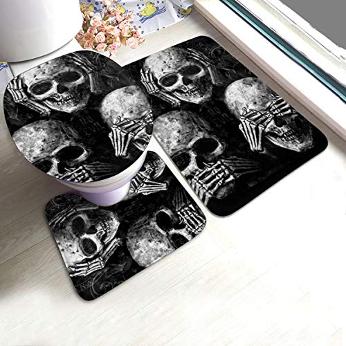 LAOLUCKY Badematte mit Totenkopf-Motiv - Tag der Toten Gothic Smile Badvorleger, 3er-Pack, Flanell, U-Form, konturiert, Toilettenvorleger, Deckelbezug, weich, rutschfest