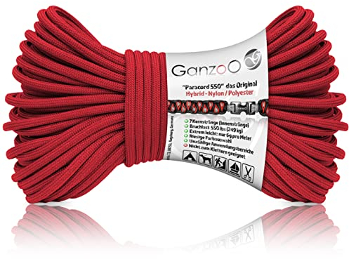 Ganzoo Paracord 550 Seil rot, 4mm, Typ 3, Nylon Polyester, Hybrid, Armband, Hunde-Leine, Hunde-Halsband knüpfen, ca. 250kg Bruchlast, Outdoor Rope, Camping Schnur, Allzweckseil, 30 Meter