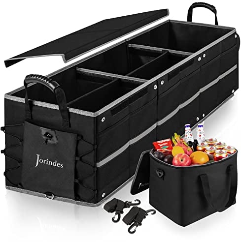 Jorindes Collapsible Trunk Organizer with Insulated Leak proof Cooler Bag, 3 Compartments 5 in1 Car, SUV Cargo Storage Organizer with Removable Dividers, Foldable Lid, 2 Tie-Down Straps, Black