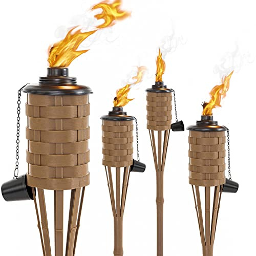 ONETHATCH Citronella Torches (Brown Color, 4pack); Bamboo Torch, Perfect for Outdoor Lighting, Luau, Summer Parties, and Garden Decor; Wide-Mouth Metal Canister, Stands 60 Tall.