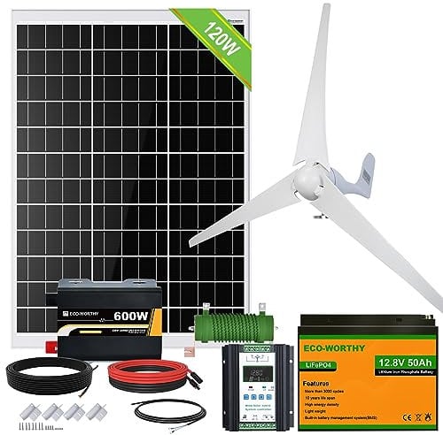 ECO-WORTHY 520W Solar Wind Complete Power System 12V Off-Grid Kit for Home Energy Backup:400W Wind Turbine Generator + 120W Mono Solar Panel + 600W Pure Sine Inverter+ 50Ah Lithium Battery