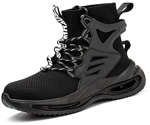 COMFOX Sicherheitsschuhe für Herren und Damen, hohe Stahlkappe, Turnschuhe, leicht, rutschfest, atmungsaktiv, industrielle Sneakers, Schwarz, 44 EU
