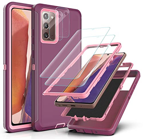 YmhxcY Hülle für Galaxy Note 20 mit Samsung Note 20 mit 2-teiligem Hydrogel-Film und 2-teiligem Kameraobjektiv-Schutzfilm,3-in-1 Anti-Drop-Schutzhülle für Samsung Galaxy Note 20-Wein Rot/Rose Rosa