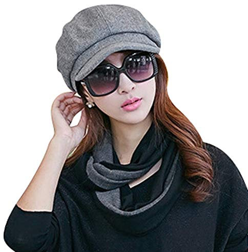 Cappello da Donna in Lana Stile Francese, Berretto Invernale a 8 Pannelli Con Visiera a Picco, Elegante, Grigio, L/XL