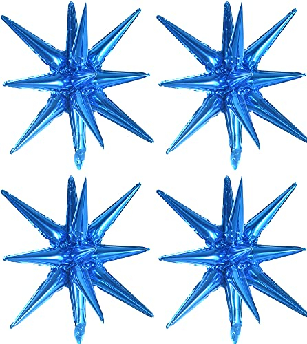 Toniful 4 Pcs 22inch 4D Blue Starburst Kegel Mylar Ballons 14Point Star Ballons Explosion Star Folie Ballons für Party Supplies Hintergrund Weihnachten, Neujahr, Geburtstag, Hochzeit, Fotokabine