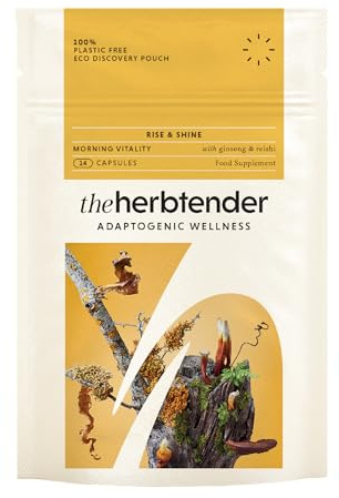 The Herbtender Rise & Shine - Natural Energy Supplement, Caffeine-Free with Ginseng and Reishi, Supports Vitality and Cognitive Performance, Vegan, Organic Ingredients (14 Capsule Pouch)