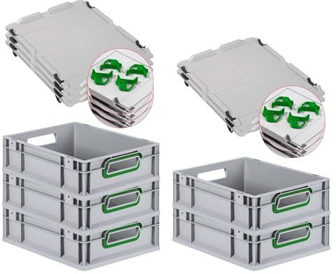PROREGAL SuperSparSet 5x Eurobox NextGen Color mit Auflagedeckel & Schiebeschnappverschlüsse, HxBxT 12x30x40cm, 11L, Griffe grün offen, Glatter Boden, Eurobehälter Transportbox Transportbehälter