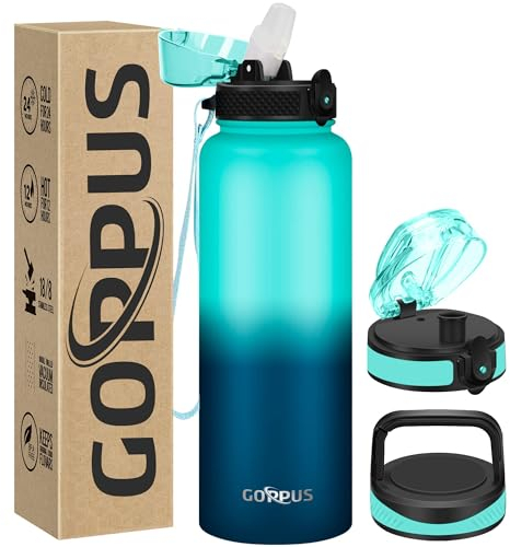 Goppus Bouteille d'eau en Acier Inoxydable avec Paille 1,2L/40oz à Double Paroi Bouteilles d'eau Isolées Étanchéité Bouteille d'eau à Couvercle Rabattable pour Adulte avec 3 Couvercles