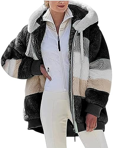 Livonmone Fleecejacke Hoodie Damen Kapuzenpullover Teddy-Fleece Warm Herbst Wintermantel Stilvoller ReißVerschluss Fellmantel PlüSchjacke Mit Taschen (Schwarz, S)