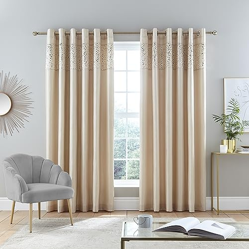 Catherine Lansfield Glitzy Sequin 66x54 Inch Lined Eyelet Curtains Two Panels Natural