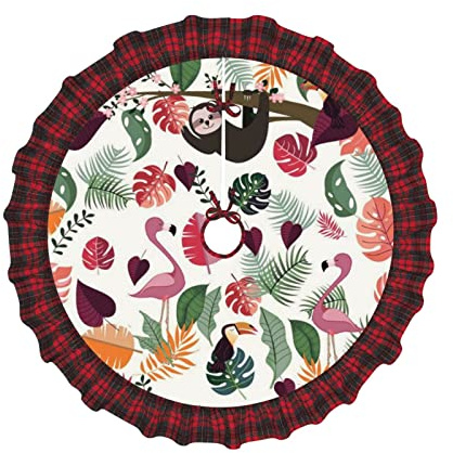 LAMAME Sloth in Pink Tropical Jungle printed Christmas Tree Decoration Skirt Christmas Tree Mat Christmas Party Decoration