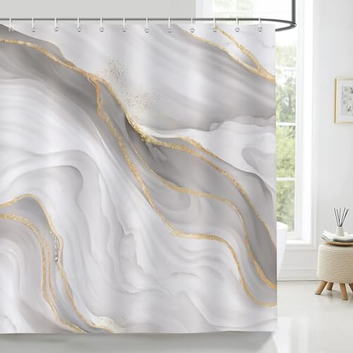 Bonhause Tenda Doccia Marmo Grigio Oro Moderno Astratto Lusso Tende per Doccia in Poliestere Impermeabile Antimuffa Lavabile Tende Bagno 180 x 180 cm con 12 Ganci