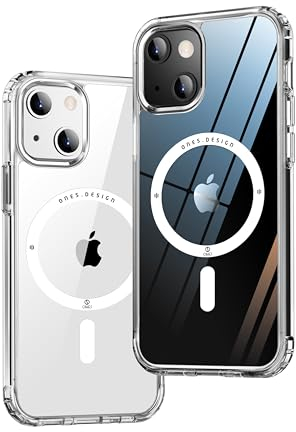 ONES Funda Magnética Híbrida Rígida Compatible con iPhone 13 Mini MagSafe, Airbag Protección de Grado Militar, Resistente a Arañazos, Carga Inalámbrica, Carcasa de Silicona Antiamarillo, Transparente