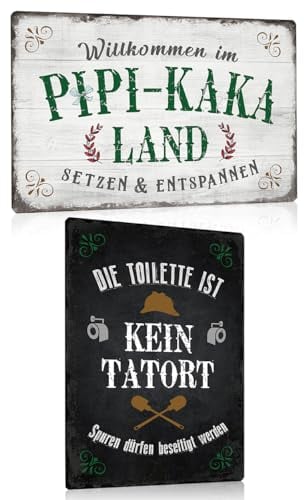 Juego de 2 placas de metal retro divertidas para inodoro, 30 x 20 cm, placa de metal con texto en alemán Pipi Kaka Land – WC is not taatort – Bad Gästebad klo Wand-Schild Dekoration Zubehör