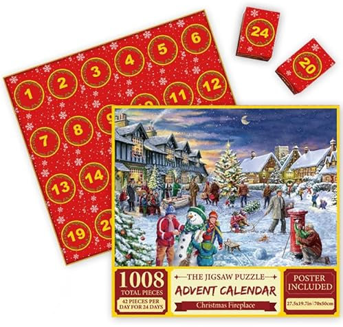 Advent Calendar Christmas Jigsaw Puzzle, Advent Calendar 2023 with 24 Boxes 1008 Pcs Puzzles for Adults Jigsaw Puzzle Advent Calendar for Adults Kids Christmas Surprise Gifts (T2)
