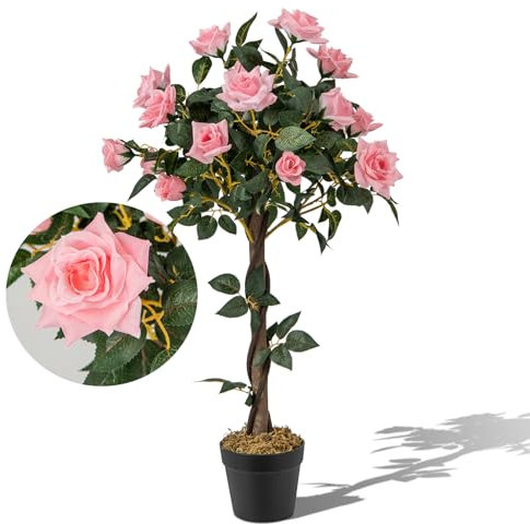 RELAX4LIFE Arbre à Roses Artificiel 93 CM avec Tronc en Bois Véritable, 259 Feuilles et 21 Fleurs, Rosier Artificielle en Pot, Décoration Extérieure ou Intérieure pour Maison, Balcon, Jardin