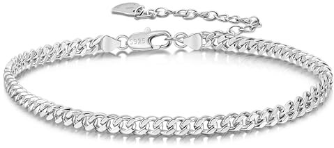 Dankadi Bracelet de Cheville en 925 Argent 3MM 4MM 4.5MM 5MM 6MM, Chaîne 27CM 30CM Chopin Torsadé Cubain Boîte Rolo Serpent Fermoir Figaro Cadeau Bijoux pour Femme (4MM 30CM, Chaîne Cubaine Argent)