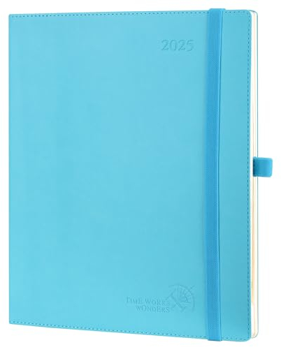 POPRUN Kalender 2025, Wochenansicht, groß (26,5 x 21,5 cm), PU-Leder, weicher Einband, vertikal, wöchentlicher Terminplaner, 25 Planer, monatliche Registerkarten, 100 g/m² Papier (Blaugrün)