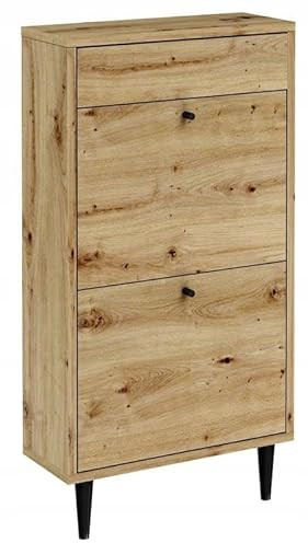 MATKAM Dotti Schuhschrank in moderner Skandi-Optik| Ausklappbare Schuhablage, zusätzlicher Stauraum mit Einer Klapptür | Mit Zwei verjüngenden Beinen, Wandmontage (Artisan Eiche)