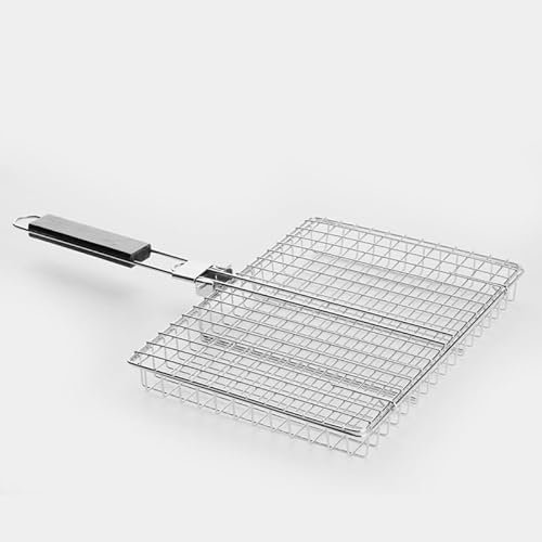 BRAVECOW BBQ Grill Basket Portable Lightweight Anti-scalding Wooden Handle Plating Folding Barbecue Grill Basket Net for Fish Vegetables Meat Chicken Corn