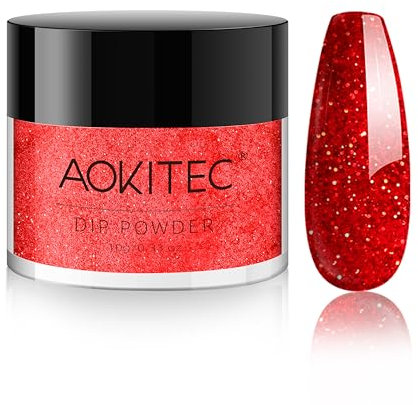Aokitec Dip Powder 28g, Glitter Red, Nail Dipping Powder for Strong Nail Art Long-lasting Dip Nails Acrylic Dip Nail Powder for Nail Starter & Professional Home DIY Salon Use, No Needed Nail Lamp