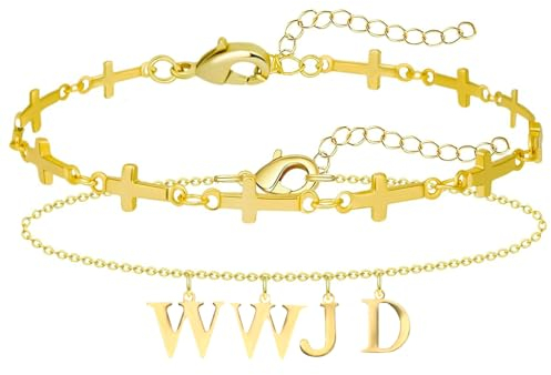 Flongo WWJD Gold Armbänder für Damen: 2 Stück Jesus Armreif Edelstahl Religion Kreuz Armkette Stapelbar Amulett Gebet Inspirational Frauen Mädchen What Would Jesus Do Herren Schmuck Geschenke