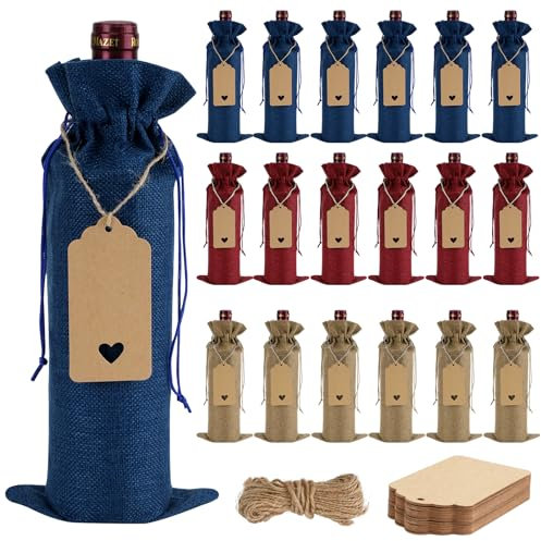 18pcs Burlap Bags, Wine Gift Bags with Drawstrings, Reusable Premium, for Wedding, Birthday, Blind Tastings, Christmas, Home Storage & 18pcs Gift Tags