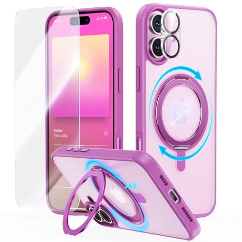 JUESHITUO for iPhone 16 Case: 360° Spin Magnetic Stand, Full Camera Protection, Fit for MagSafe, 16FT Military Grade Shockproof Protective Phone Cover with Kickstand Ring Holder, Pink
