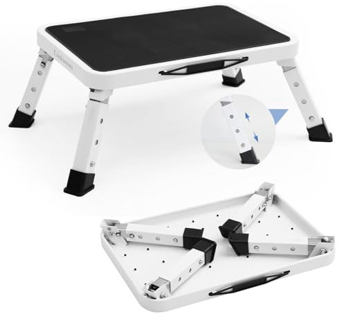LIEKUMM 3-stufige Klappbarer Tritthocker, 150 kg Tragkraft Höhenverstellbar Tritthocker, Leichte Trittstufe aus Stahl für Küche und Haushalt, mit Rutschfester Plattform und Gummifüßen, Weiß
