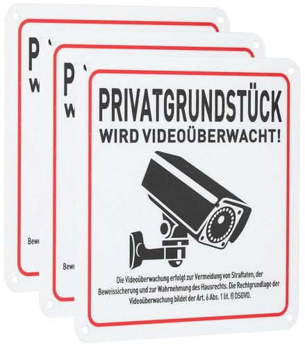 QUARKZMAN 3 Stück Achtung Videoüberwachung Schild 15 x 15 cm Privatgrundstück Aluminium Selbstklebend Warnschild mit Bohrlöcher Reflektierend Hinweisschilder für Überwachung Kamera Attrappe