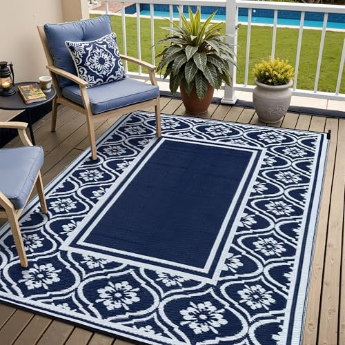 HUGEAR Outdoor Patio Rug 5'x8' Waterproof Outside Area Rugs Blue Reversible Plastic Straw Carpet for RV Deck Camping Entryance Porch Picnic Balcony Beach