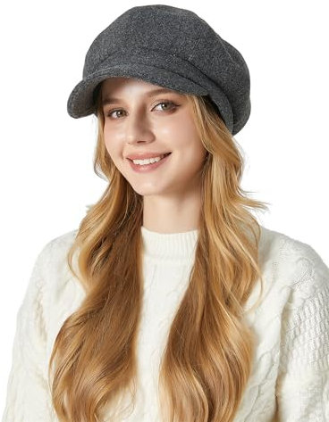 FEOYA Damen Klassisch Ballonmütze Newsboy Cap Schirmmütze Vintage Herbst Winter Barett Kappe Maler Mütz Grau