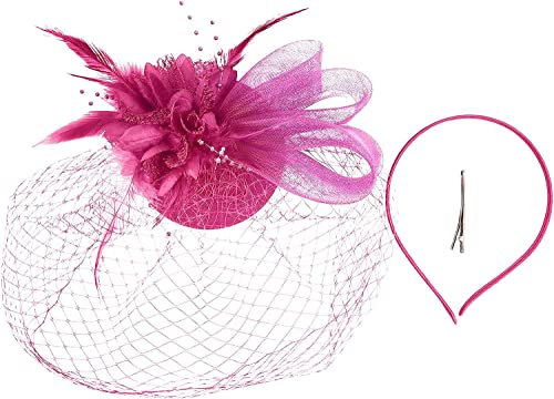 HAODUOO Frauen Mädchen Fascinators Haarspange Haarnadel Hut Feder Hochzeit Tee Party Hut Mesh Hut Schwarz Kirche Hut Kopftuch(Hot Pink)