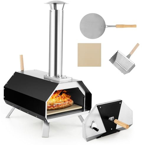 COSTWAY Four à Bois pour Pizza avec Pelle Pare-feu Pieds Pliables Pierre à Pizza de 30,5cm, Four à Pizza Extérieur Portable en Acier Inoxydable, Cheminée Amovible pour Jardin Terrasse
