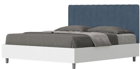 ITYHOME Bett mit Bettkasten, 160 x 200 cm, Gestell weiß, Kopfteil aus Spanplatte/Mikrofaser, Blau Kaia
