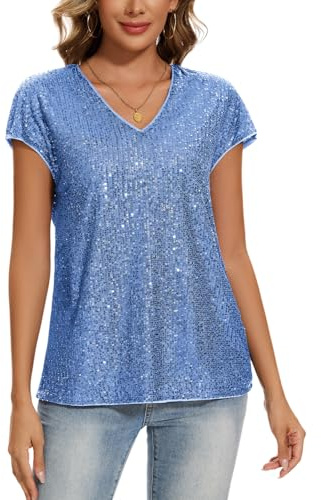 MINTLIMIT Tops for Women Sequin Sparkly Shirts Cap Sleeve V Neck Blouse Glitter Sequined Tunic Top Loose Casual Party