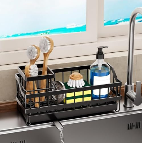 JYFKINN Organisateur Evier Cuisine, Porte Eponge evier Cuisine avec Vidange Automatique Rangement Eponge Evier Cuisine Organisateur d'évier Repose Support Eponge évier en Acier Inoxydable,Noir