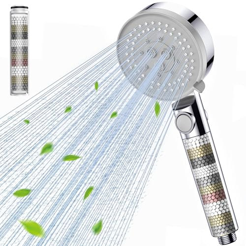 Gritin Pommeau de Douche 5 Modes avec Bouton D'arrêt D'eau, Douchette à Main Haute Pression Économe en Eau et Anticalcaire avec Filtre, Pommeau de Douche G1/2 Pouces pour Salle de Bain, Chrome,Gris