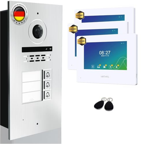 MATHFEL 2-Draht-Bus IP Video-Türsprechanlage 3-Familienhaus Full HD 1080p mit 2 Jahren Garantie – 3X 7-Zoll Full HD Touchscreen, 170° Kamera,RFID, Gegensprechanlage, Wetterfest IP65