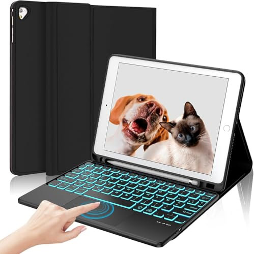 WAVATA Clavier pour iPad 6ème/5ème Génération 2018/2017 9.7 avec Touchpad, Étui Clavier avec Rétroéclairé pour iPad Pro 9.7, Air 2/1 AZERTY Français Magnétique Amovible, Noir