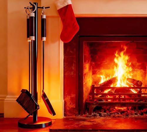 Kingson 4-Piece Fireplace Companion Set – Modern Black Fireside Tools with Shovel, Poker, Brush & Weighted Round Stand – Steel Tools with Stainless Steel & Iron Handles – 49cm Length