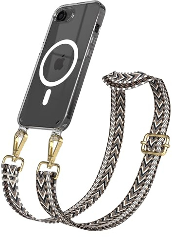 EAZY CASE Handykette - Verstellbares Taschenband kompatibel mit iPhone 16e, Schulterriemen, Handykordel mit Silikon Hülle, Qi Charging kompatibel, Umhängetasche, Grau Schwarz Gold