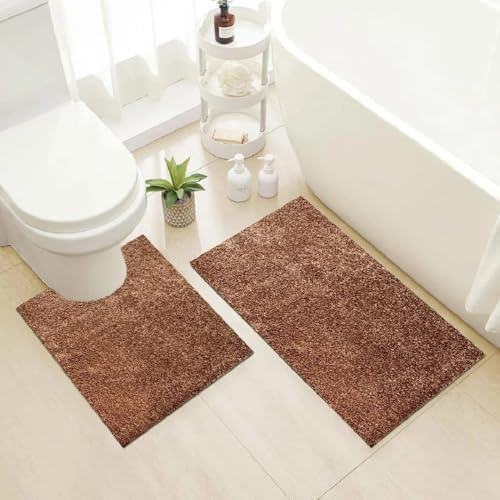 Householdfurnishing Shaggy 2pcs Bath Mat Set Small Large Pedestal Mat Comfortabl Washable Toilet Rug (Coffee, 50x40cm + 50x80cm)
