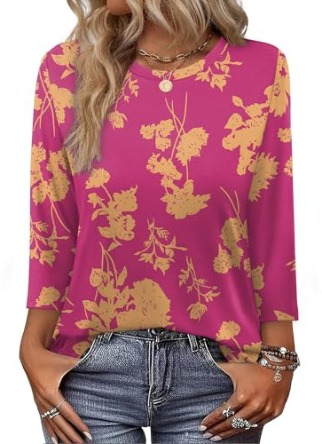 WIHOLL Tops for Women 3/4 Length Sleeve Crew Neck Casual Tunic Ladies Tops Basic Shirts Loose Fit Blouse Pink Yellow Print Size 14-16