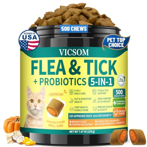VICSOM Cat Flea & Tick Support Chews, Probiotics for Cat, 500 Crunchy Chews | Pumpkin Seed, Coconut Oil, Brewer’s Yeast & Probiotics For Gut Balance, Skin Comfort And Coat Care, Chicken Flavour.