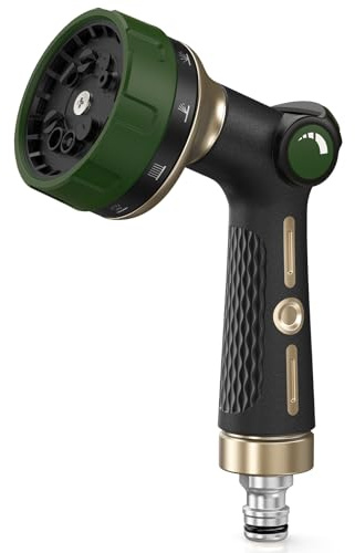RAINPOINT Pistola Irrigazione Giardino in Metallo, 10 Modelli di Spruzzo, Controllo del Flusso a Pollice, Pistola Tubo Acqua Giardino Resistente per Annaffiatura e Pulizia, Verde oliva