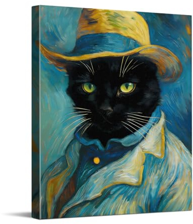 CYFDYVT Funny Black Cat Wall Art, Van Gogh Straw Hat Self-Portrait-Inspired Canvas Art Print, Cute Black Cat Poster for Living Room Bedroom, Eclectic Cat Wall Decor Gift for Cat Lovers, 8 x 10 inch