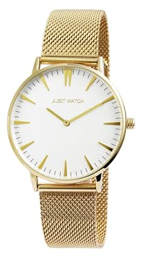 Just Watch Damen Uhr Lederarmband Schwarz 20cm lang Japanisches Quarzwerk Armbanduhr Geschenkidee zum Geburtstag für Frauen (Gold/Weiß Edelstahl)