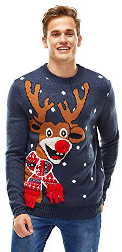 Herren Weihnachtspullover Unisex Hässliche Pulli Lustig Strickpullover Ugly Weihnachtspulli - Rentier & Weihnachtsmann & Schneemann,BlauBlau,M