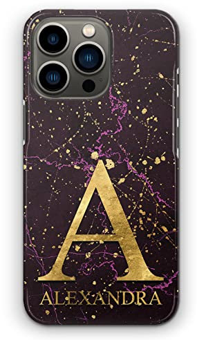 Personalised Initials Phone Case For Apple iPhone 16, 15, 14,13, 12, 11, Pink and Black Marble with Yellow Initial and Name, Marble Print Hard Phone Cover